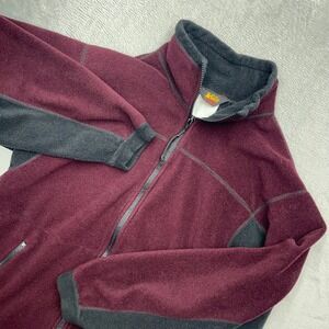VTG REI Mens Small Fleece Jacket Burgundy Gray Colorblock Zipper Pocket Full Zip